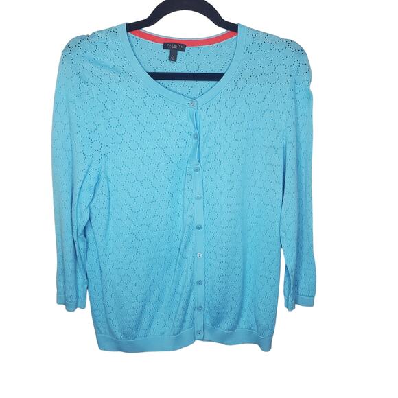 Talbots Blue Cardigan Petite Large Full Button Up Pointelle Cotton Blend - Picture 1 of 8